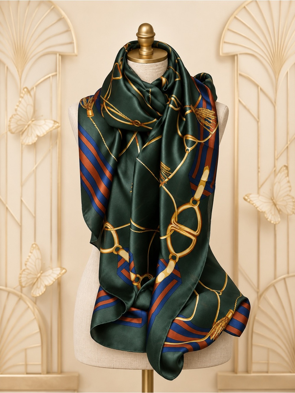 🆕🔥HOT BUY!Luxury Green Silk Scarf with Gold Chain Print